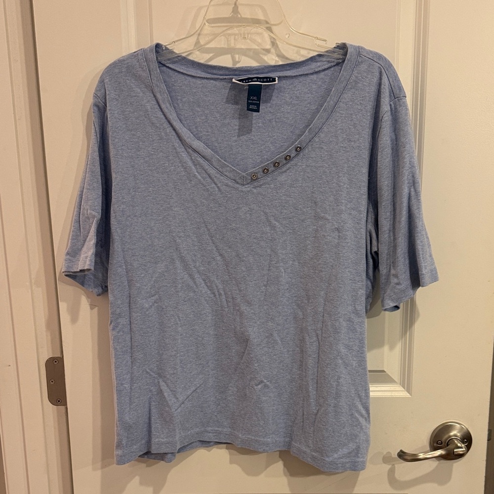 Karen Scott Light Blue V-Neck Tee with Button Detail